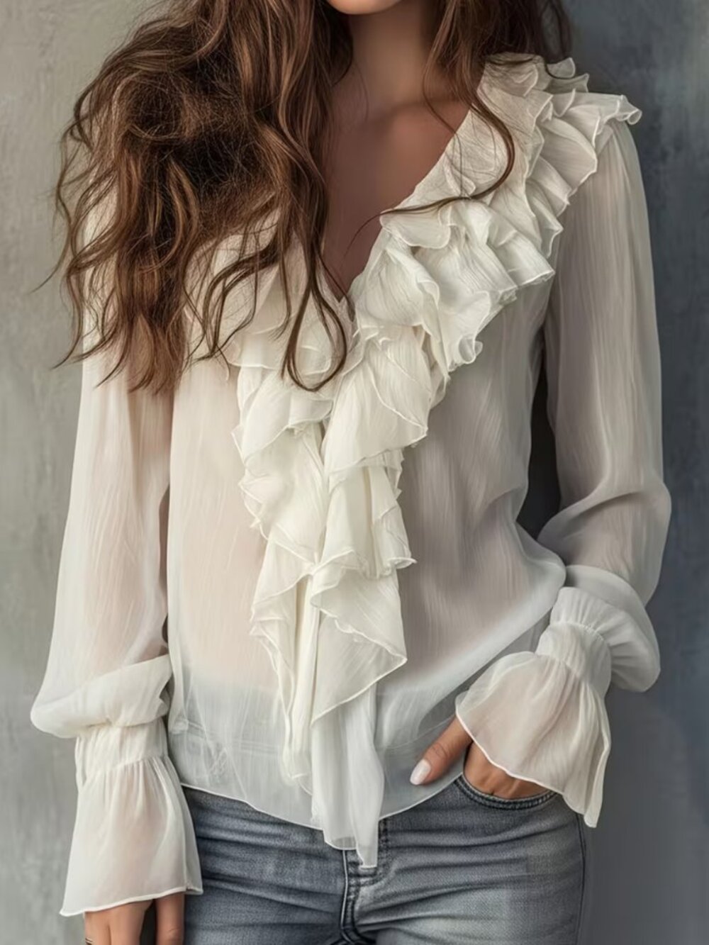 NWT Romantic White Chiffon Ruffle Blouse Sheer Flared Cuff Flare Sleeve Top 14